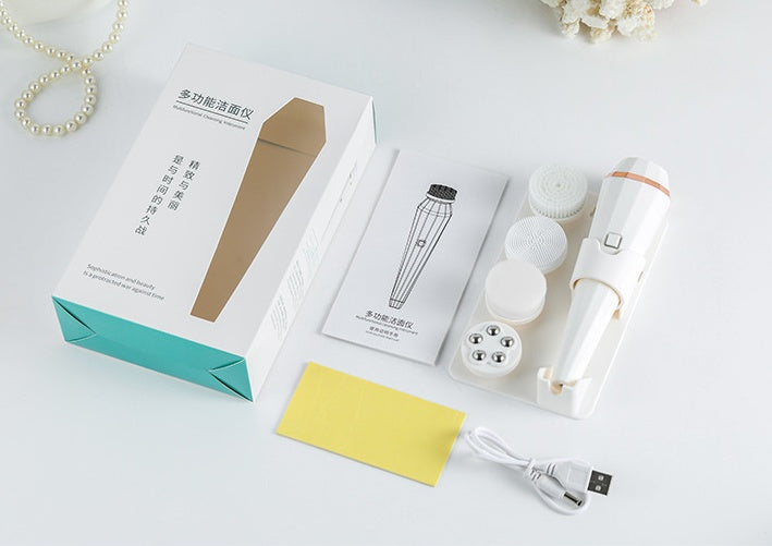 4 In 1 USB Rechargeable Electric Facial Cleansing Brush Soft Skin Care Portable Massager Face Brush Deep Cleaning Device 