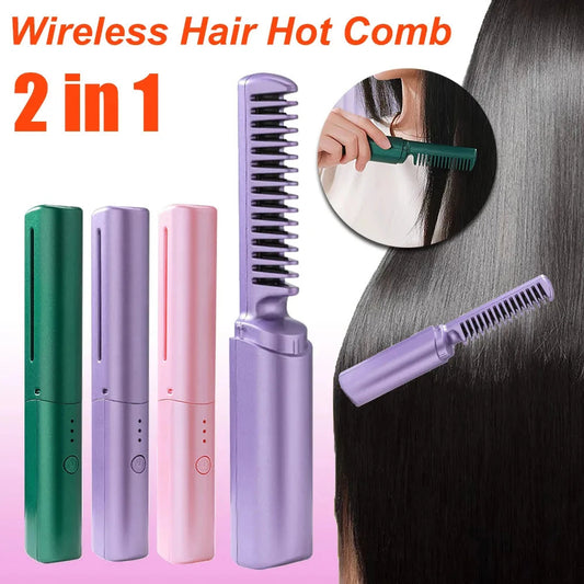 Professional Wireless Hair Straightener Curler Comb Fast Heating Negative Ion Straightening Curling Brush Hair Styling Tools 